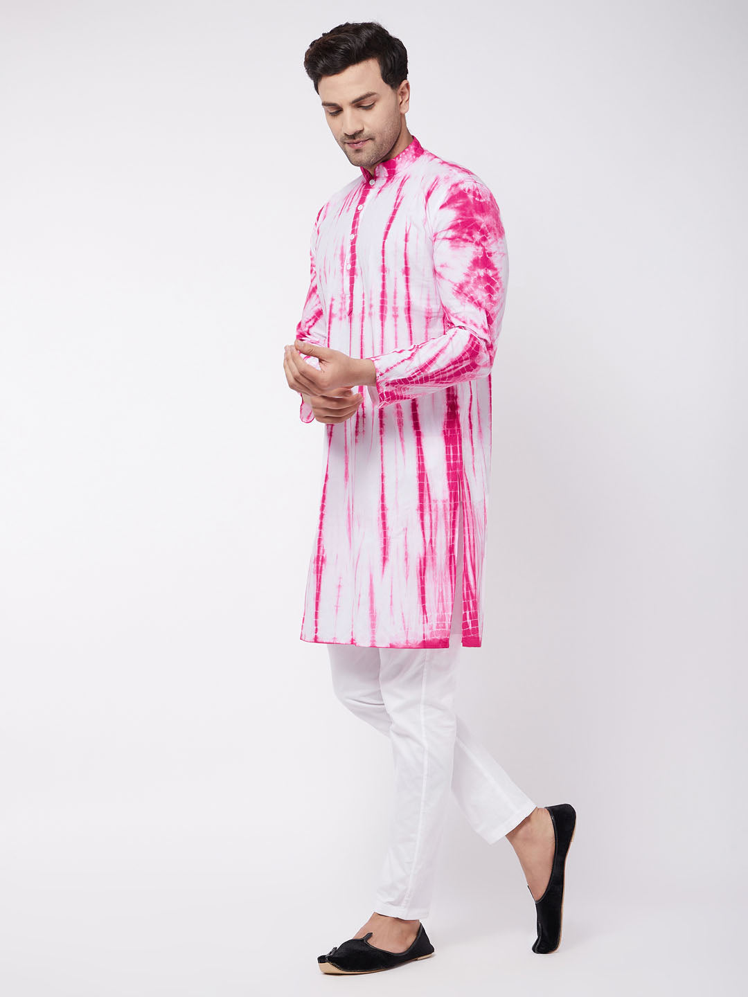 Sarvati Men's Pink And White Cotton Kurta Pyjama Set