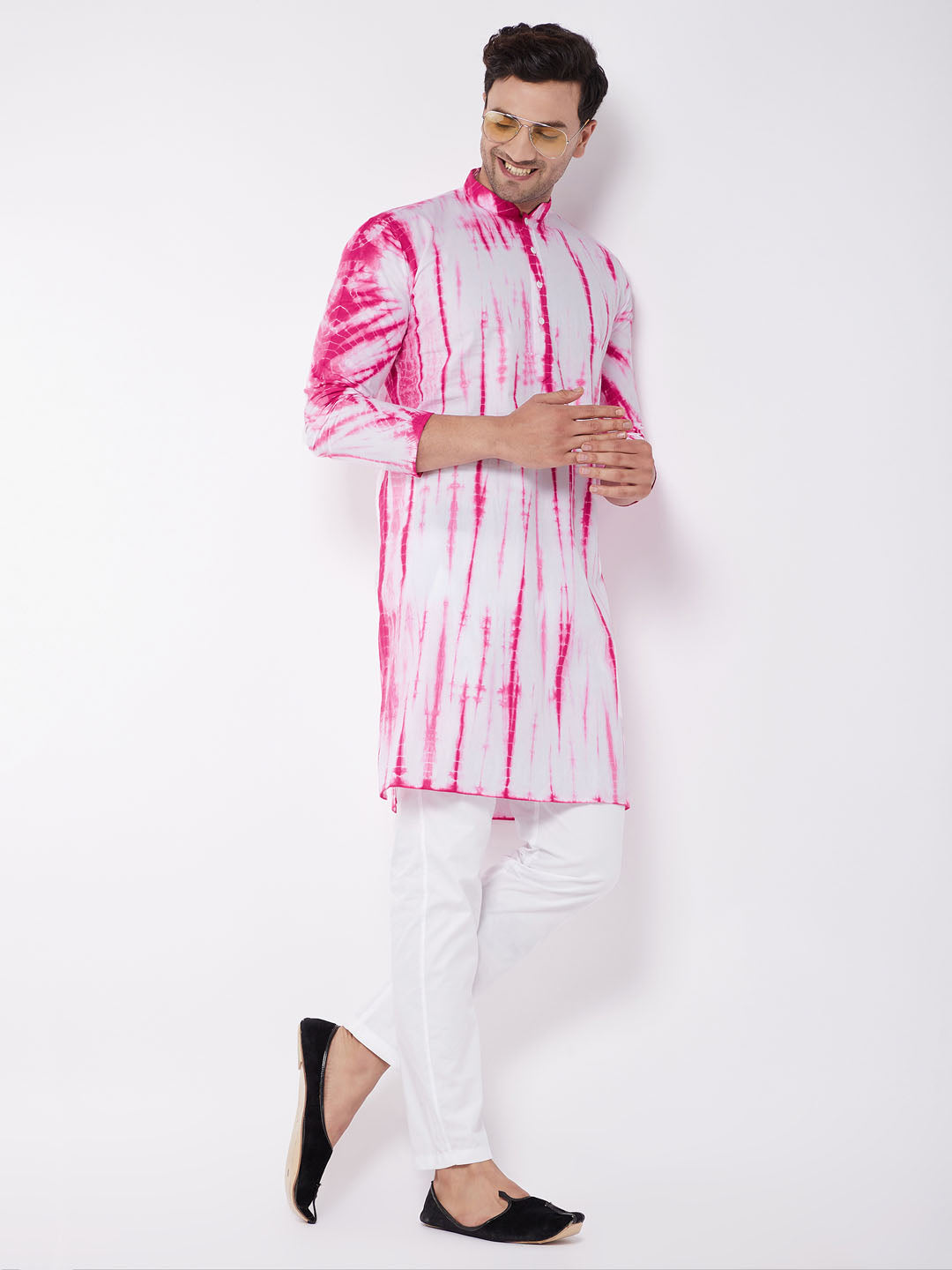 Sarvati Men's Pink And White Cotton Kurta Pyjama Set