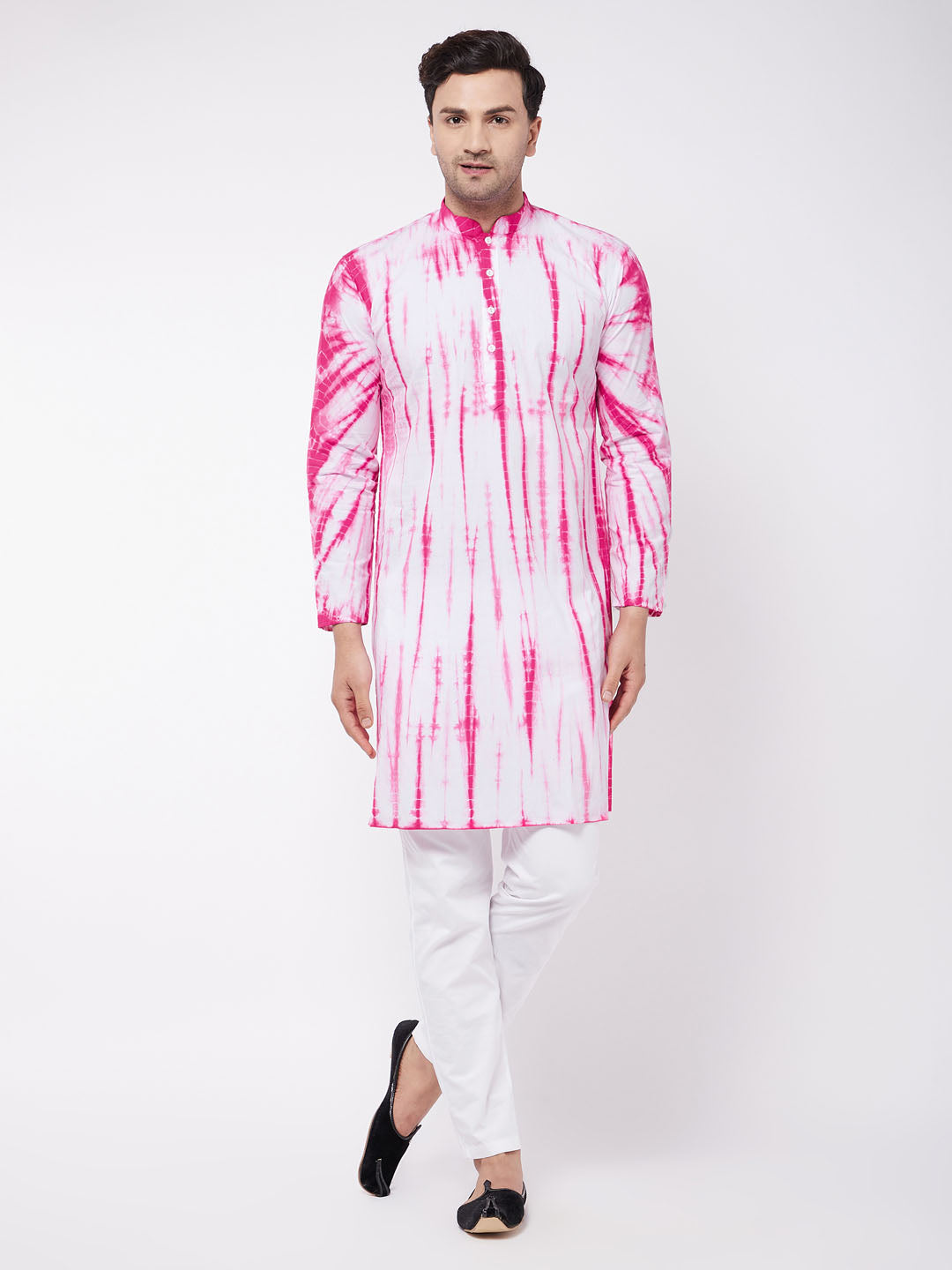 Sarvati Men's Pink And White Cotton Tie Dye Kurta And Solid Pant Style Cotton Pyjama Set