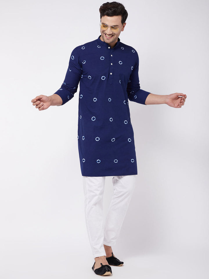 Sarvati Men's Blue And White Cotton Kurta Pyjama Set