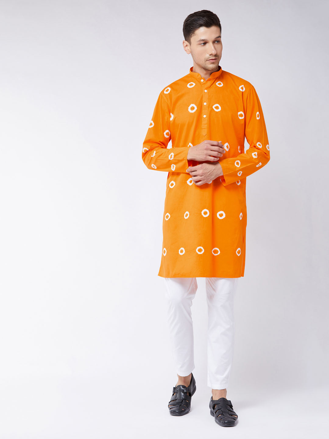 Sarvati Men's Orange And White Cotton Kurta Pyjama Set