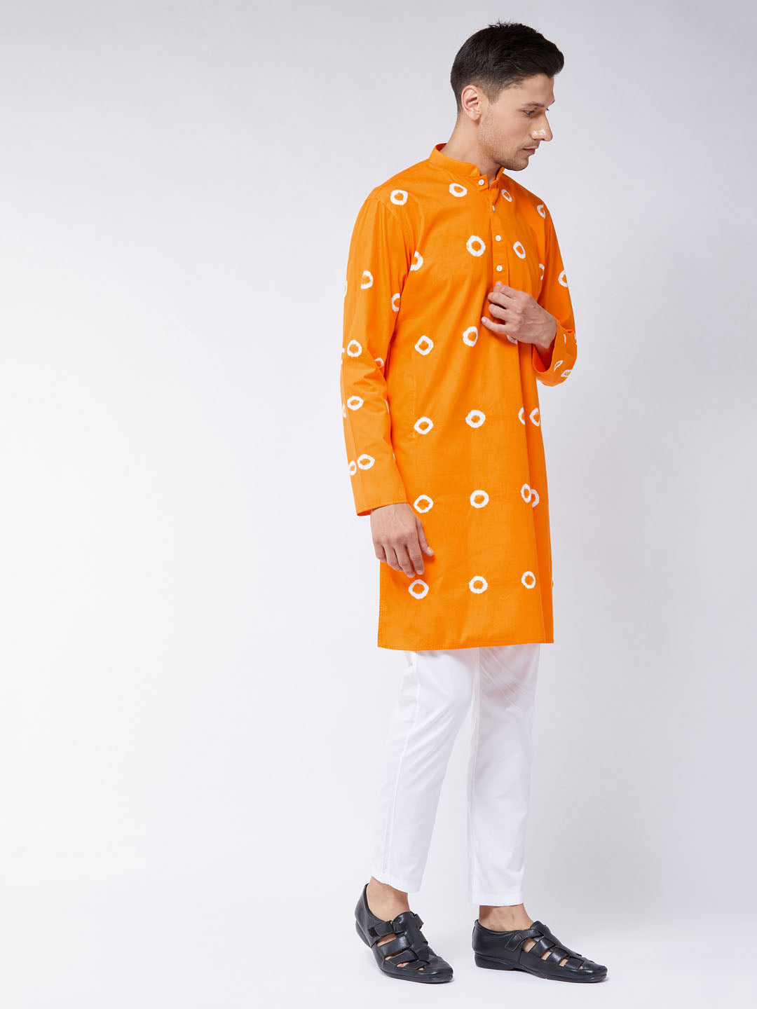 Sarvati Men's Orange And White Cotton Kurta Pyjama Set