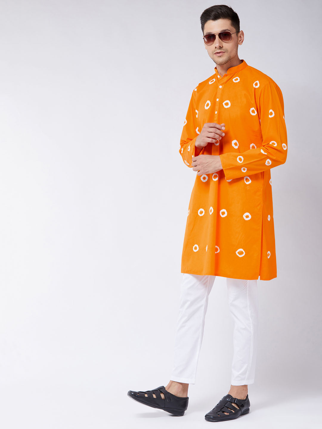 Sarvati Men's Orange And White Cotton Kurta Pyjama Set