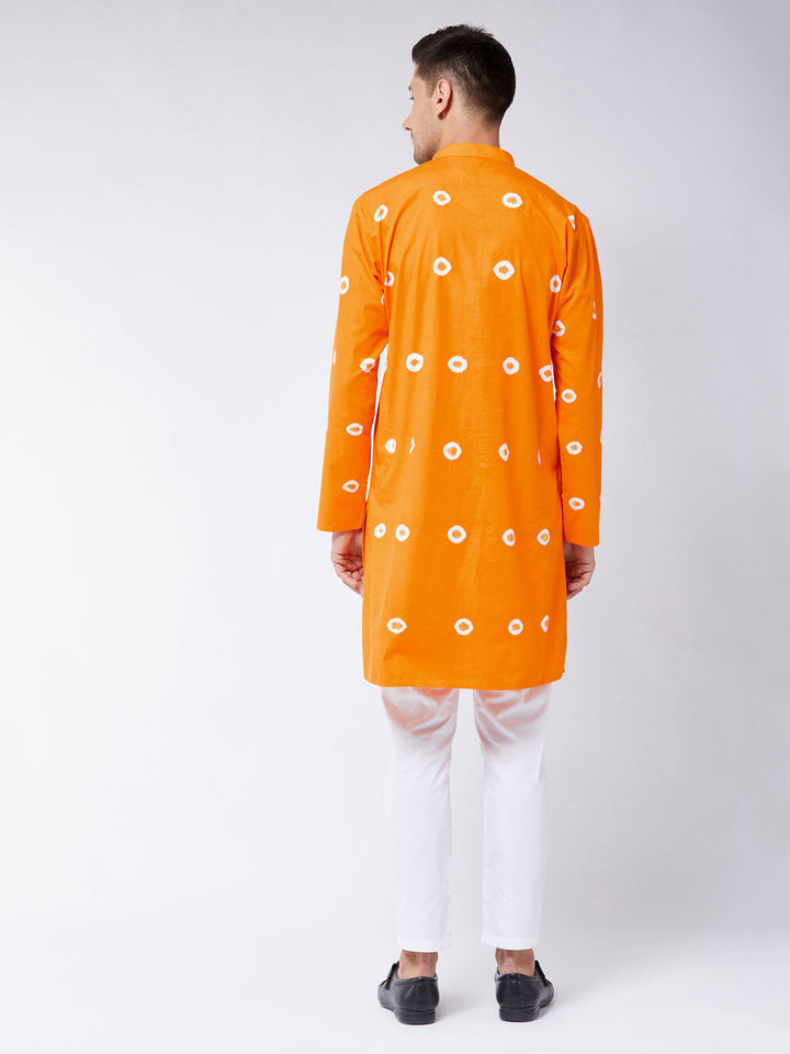 Sarvati Men's Orange And White Bandhni Print Cotton Kurta And Pant Style Cotton Pyjama Set