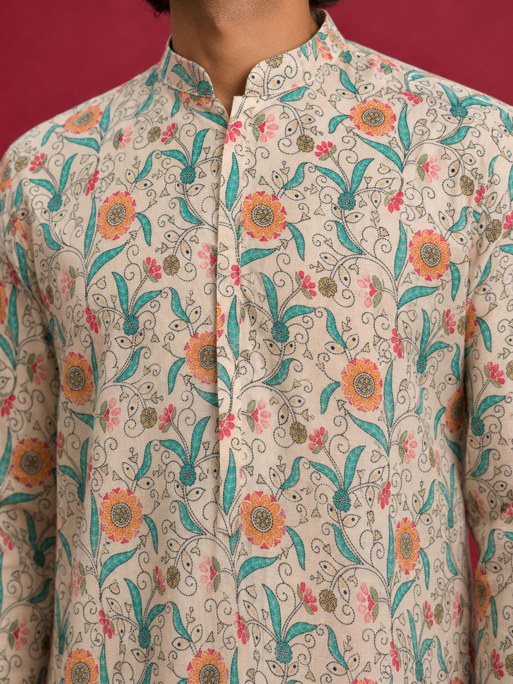 Men's Cream Cotton Digital Print Knee-Length Kurta