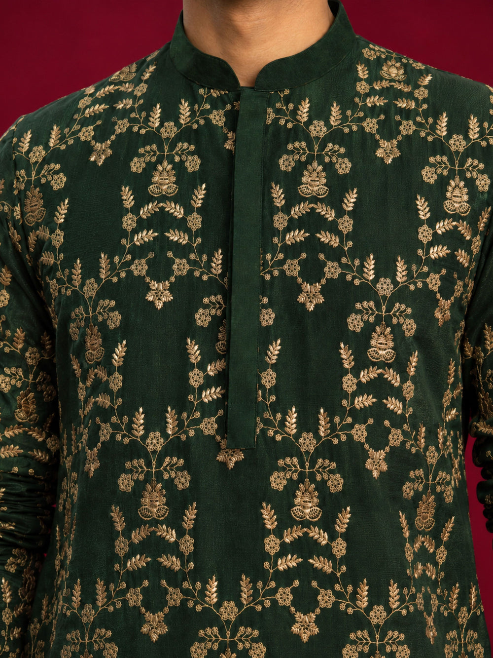 Men's Dark Green Silk Blend Embroidered Knee-Length Kurta