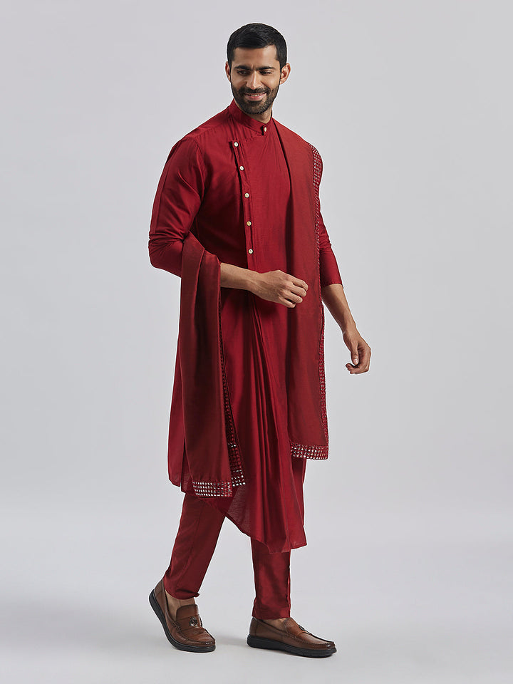 Sarvati Men's Maroon Viscose Blend Kurta, Pyjama & Dupatta Set