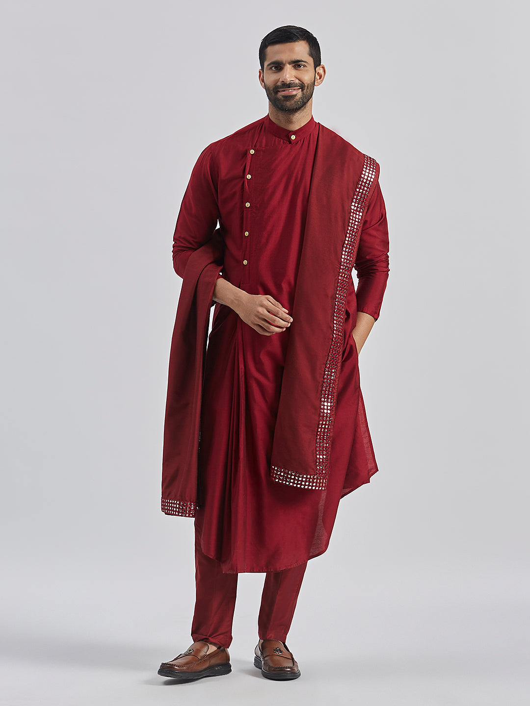 Sarvati Men's Maroon Viscose Blend Kurta, Pyjama & Dupatta Set