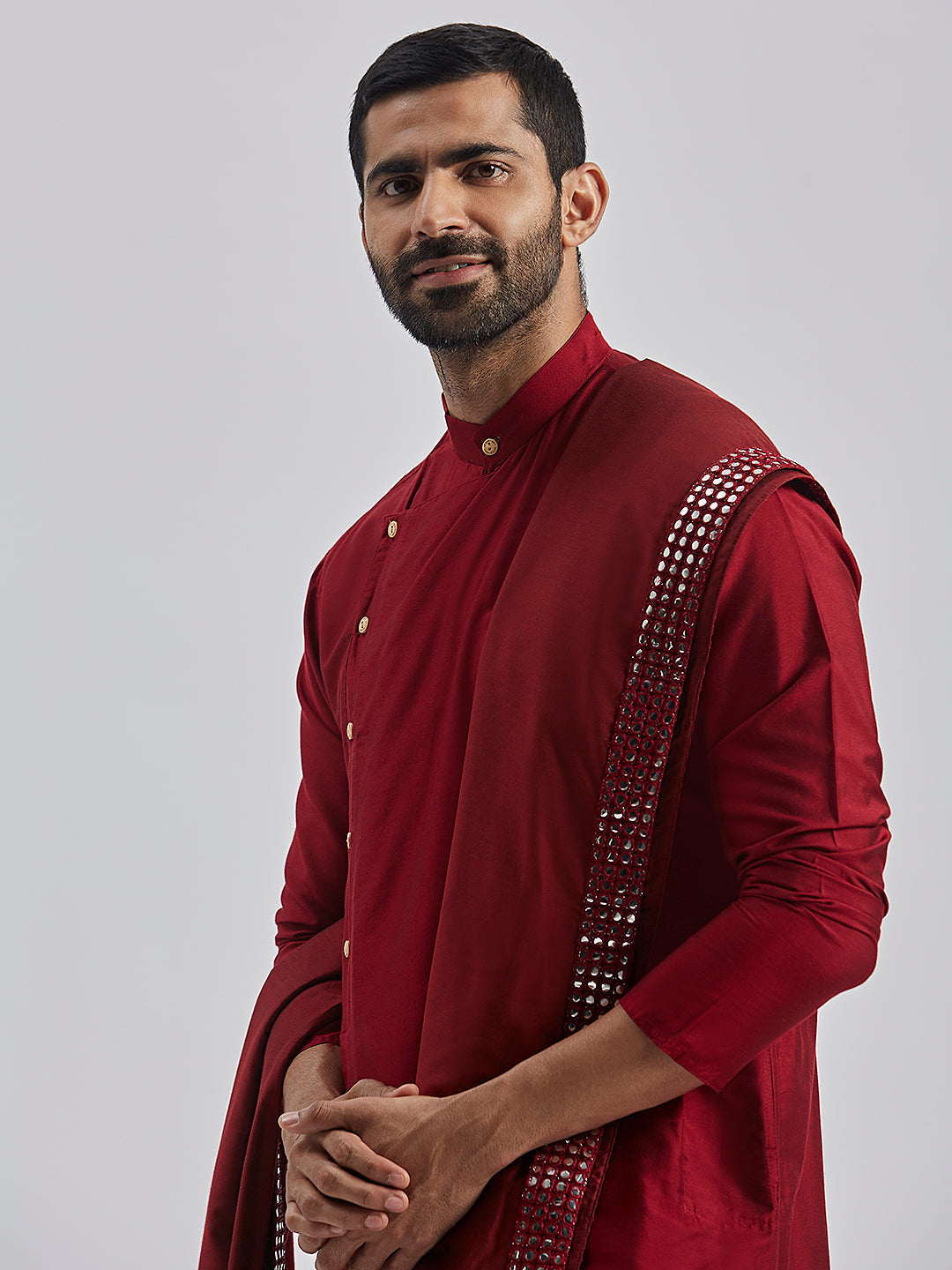 Sarvati Men's Maroon Viscose Blend Kurta, Pyjama & Dupatta Set