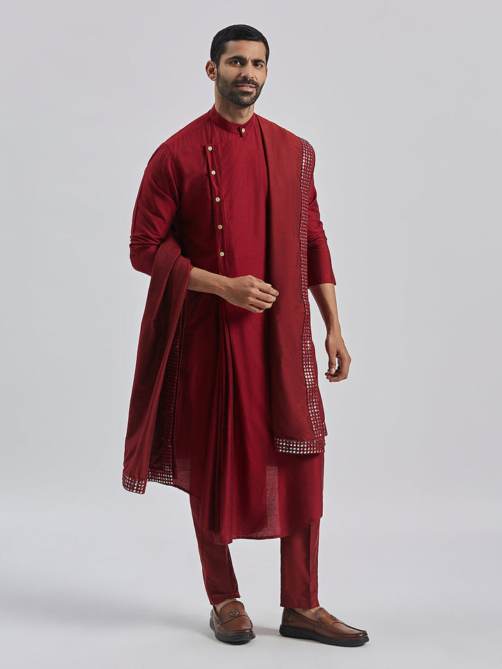 Sarvati Men's Maroon Viscose Blend Kurta, Pyjama & Dupatta Set