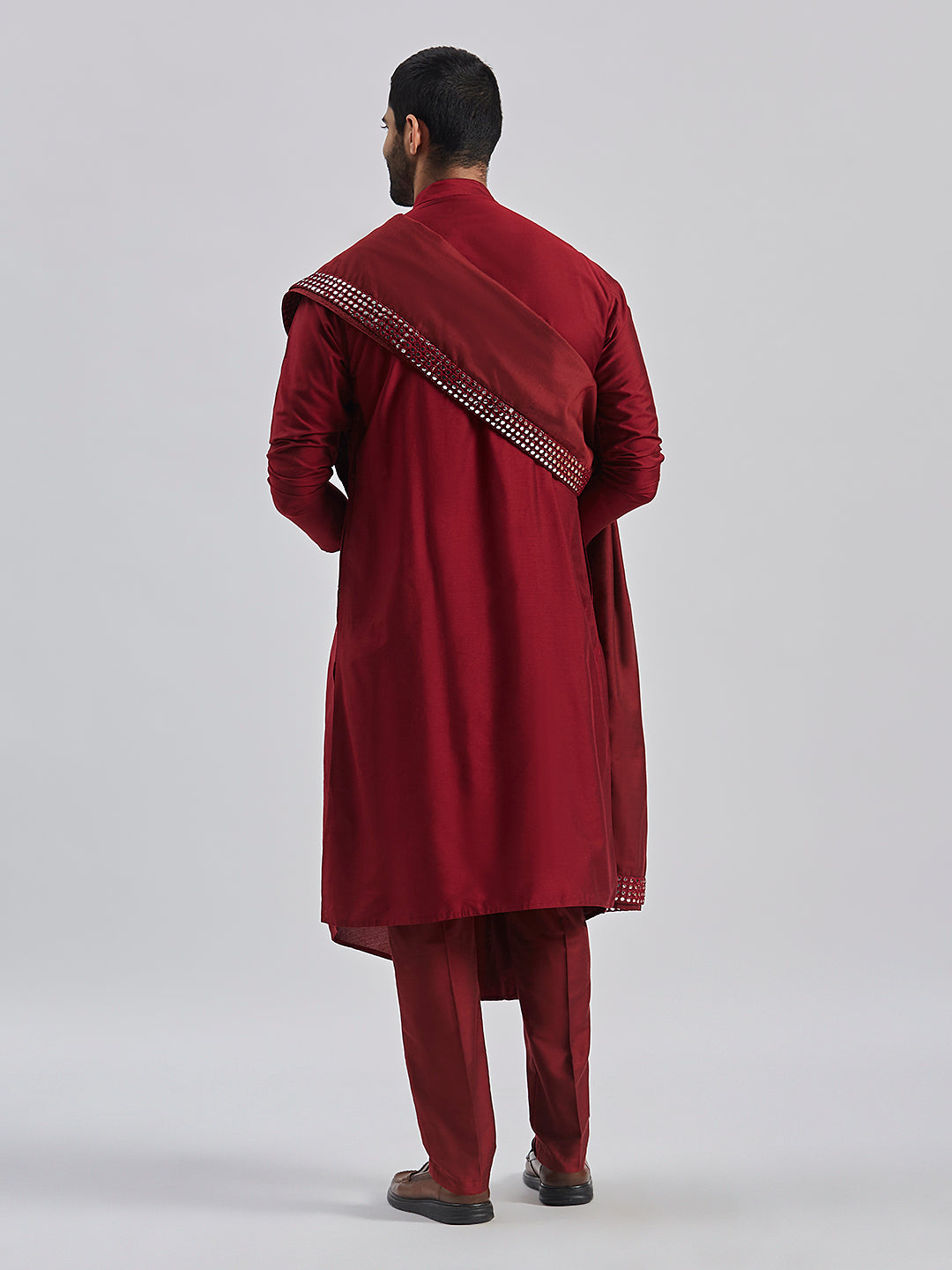 Sarvati Men's Maroon Viscose Blend Kurta, Pyjama & Dupatta Set