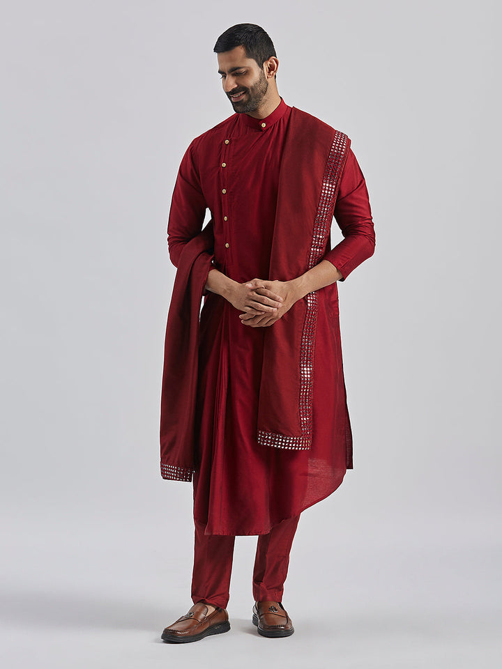 Sarvati Men's Maroon Viscose Blend Kurta, Pyjama & Dupatta Set