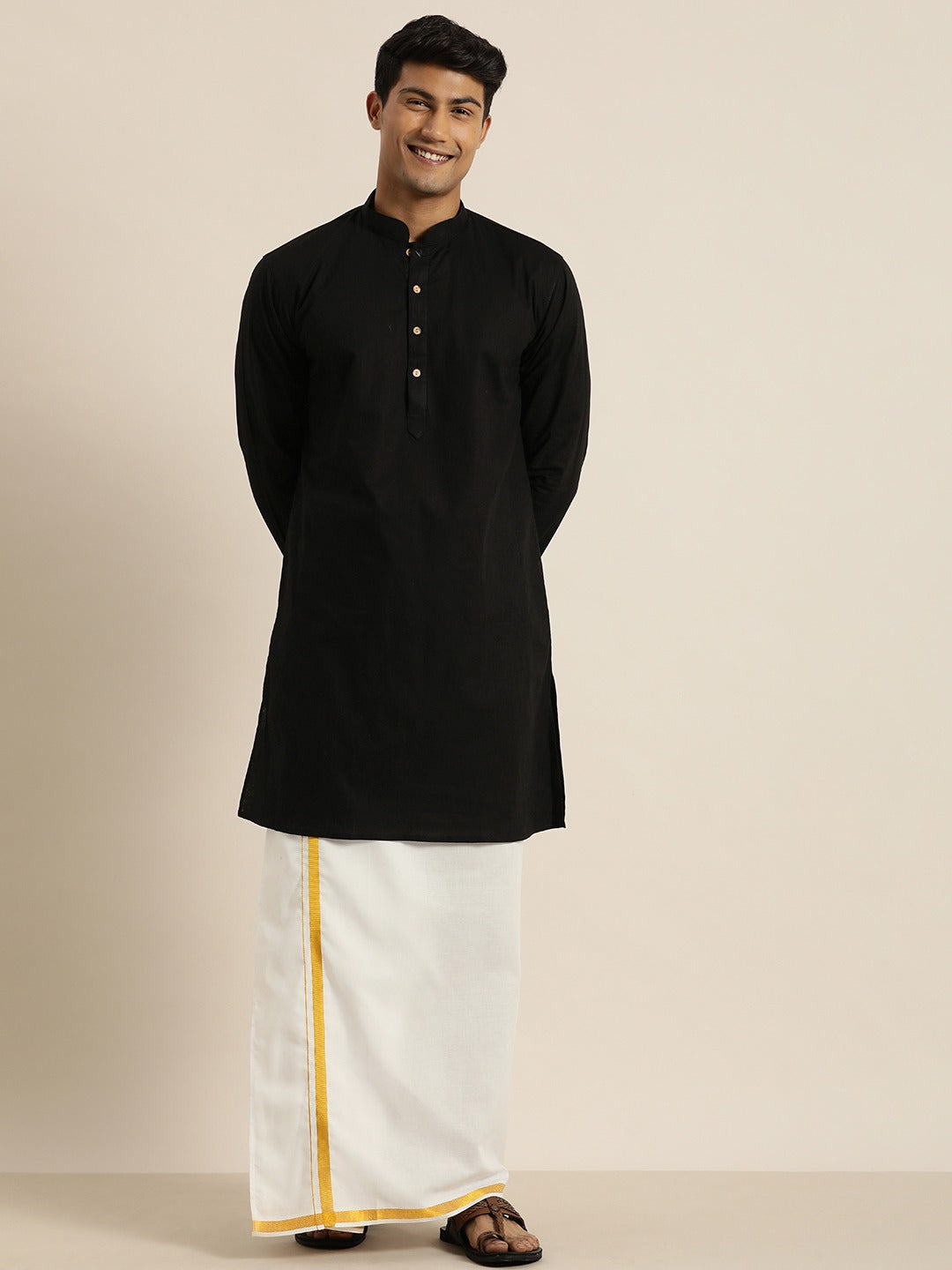 Sarvati Men's Black Cotton Kurta And Mundu Set