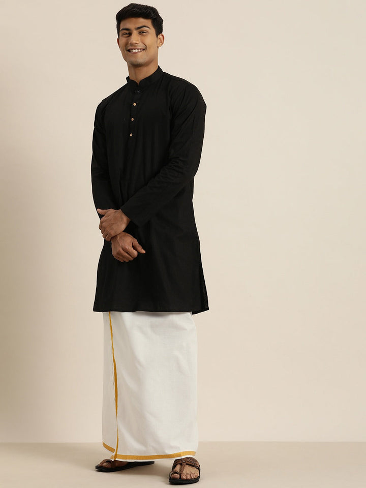 Sarvati Men's Black Cotton Kurta And Mundu Set