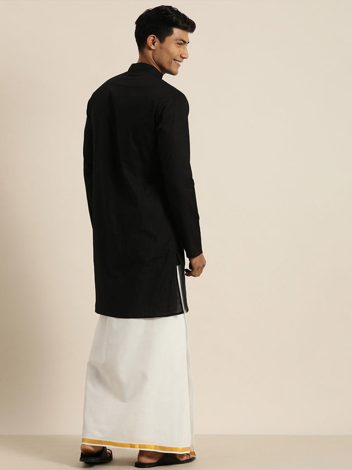 Sarvati Men's Black Cotton Kurta And Mundu Set