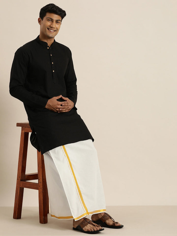 Sarvati Men's Black Cotton Kurta And Mundu Set