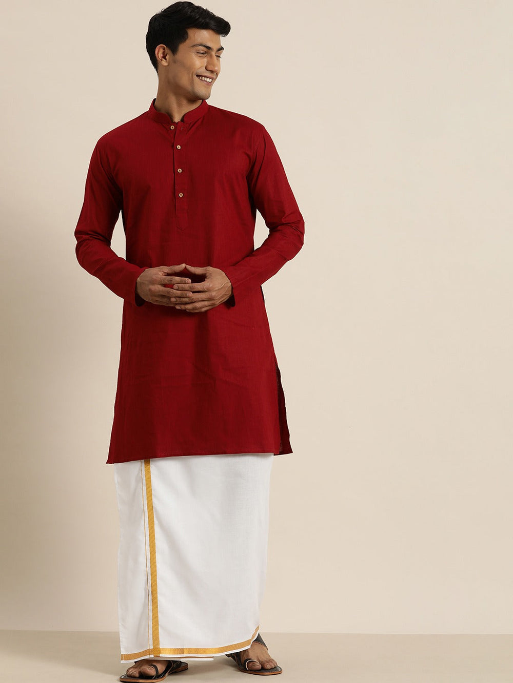 Sarvati Men's Maroon Cotton Kurta And Mundu Set