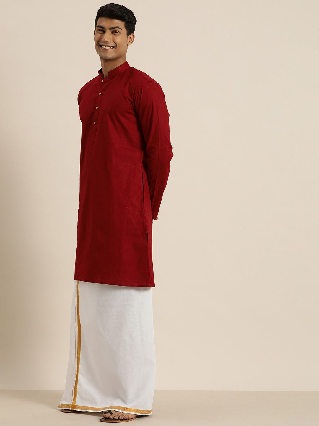 Sarvati Men's Maroon Cotton Kurta And Mundu Set