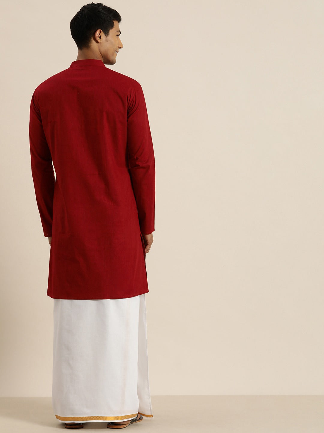 Sarvati Men's Maroon Cotton Kurta And Mundu Set