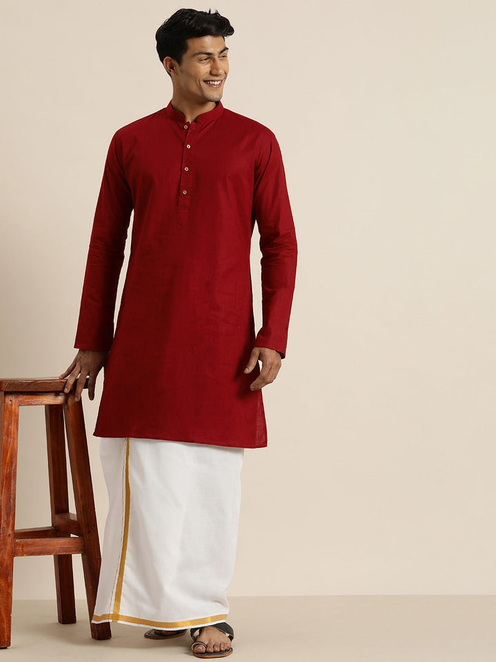 Sarvati Men's Maroon Cotton Kurta And Mundu Set