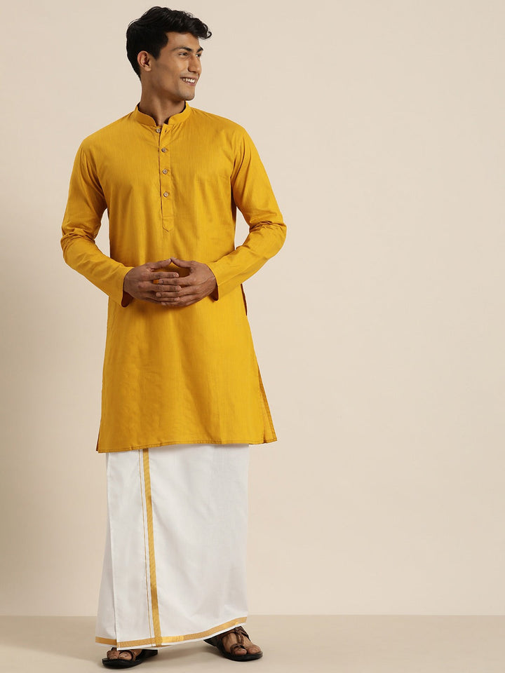 Sarvati Men's Mustard Cotton Kurta And Mundu Set