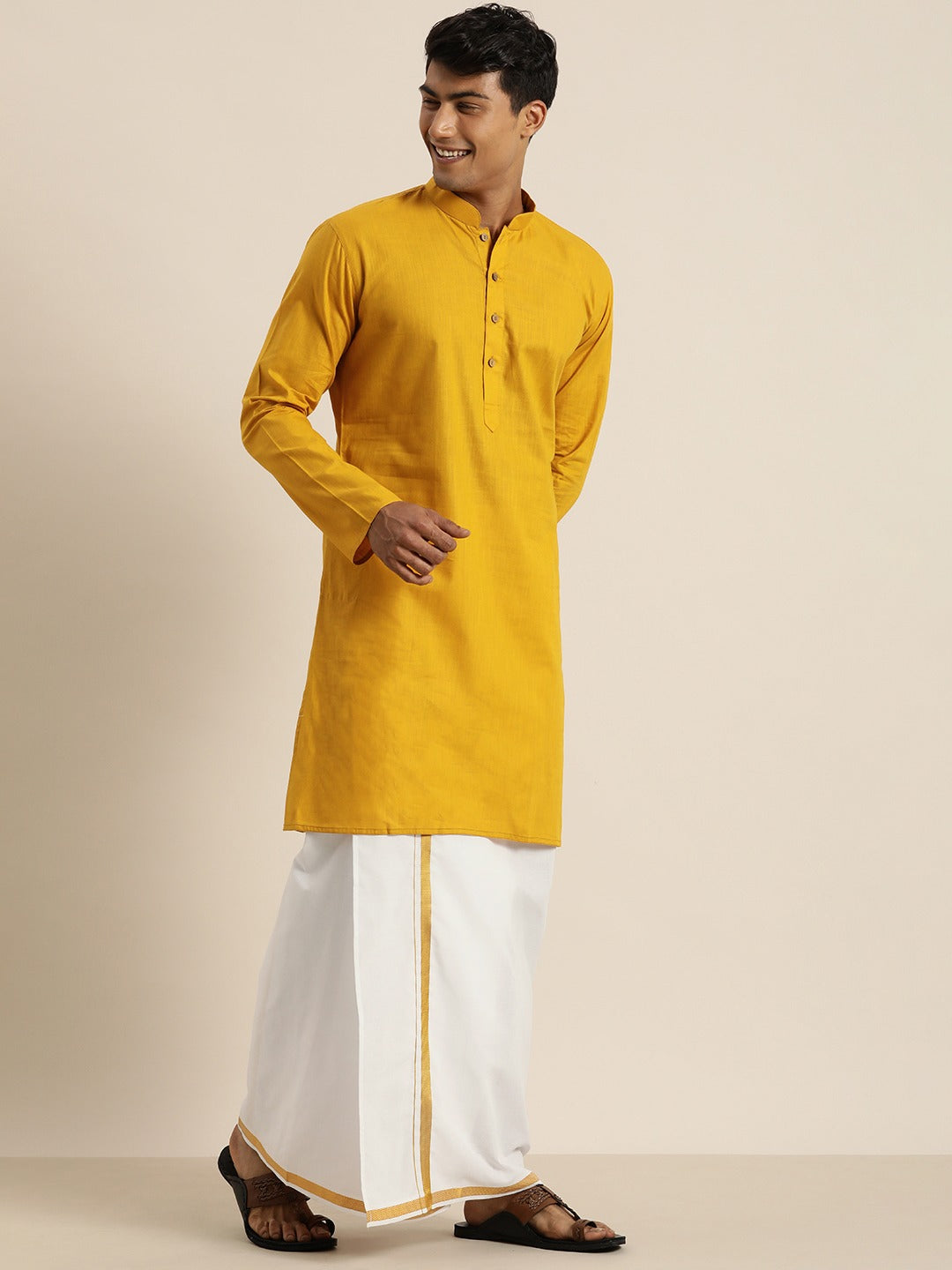 Sarvati Men's Mustard Cotton Kurta And Mundu Set