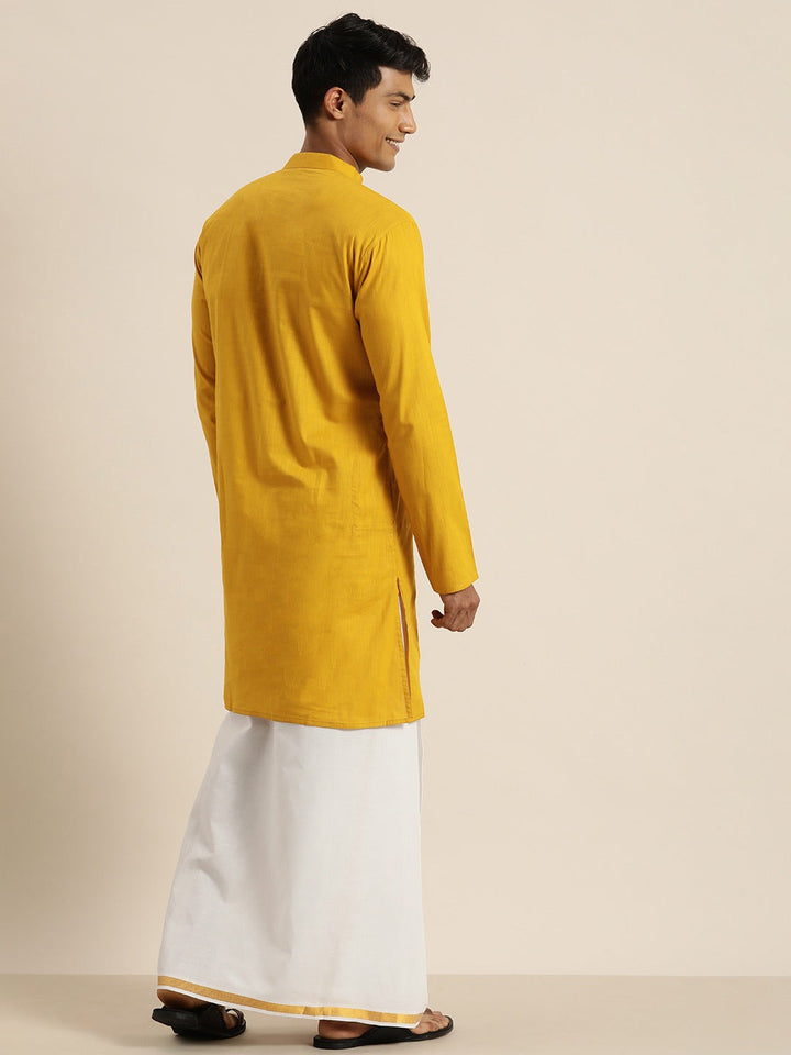 Sarvati Men's Mustard Cotton Kurta And Mundu Set