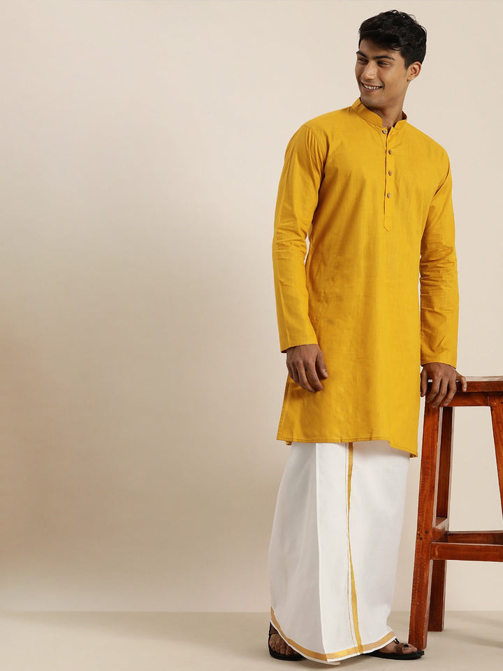 Sarvati Men's Mustard Cotton Kurta And Mundu Set