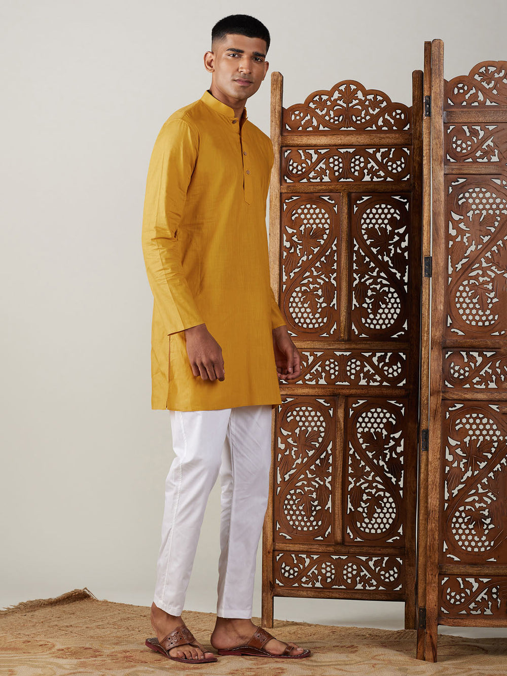 Sarvati Men's Mustard Cotton Kurta With White Pant Set