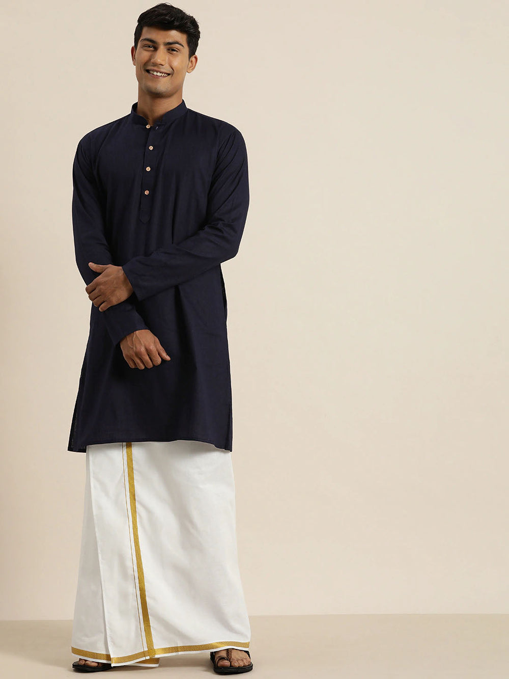 Sarvati Men's Navy Blue Cotton Kurta And Mundu Set