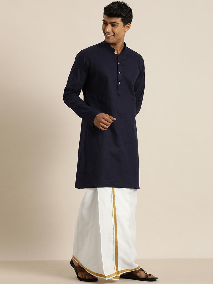 Sarvati Men's Navy Blue Cotton Kurta And Mundu Set