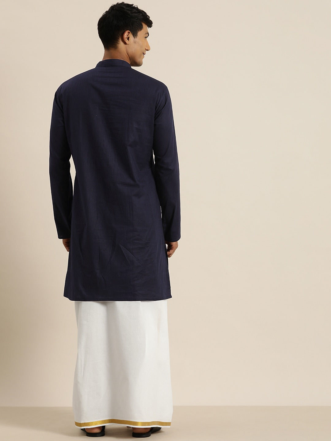 Sarvati Men's Navy Blue Cotton Kurta And Mundu Set