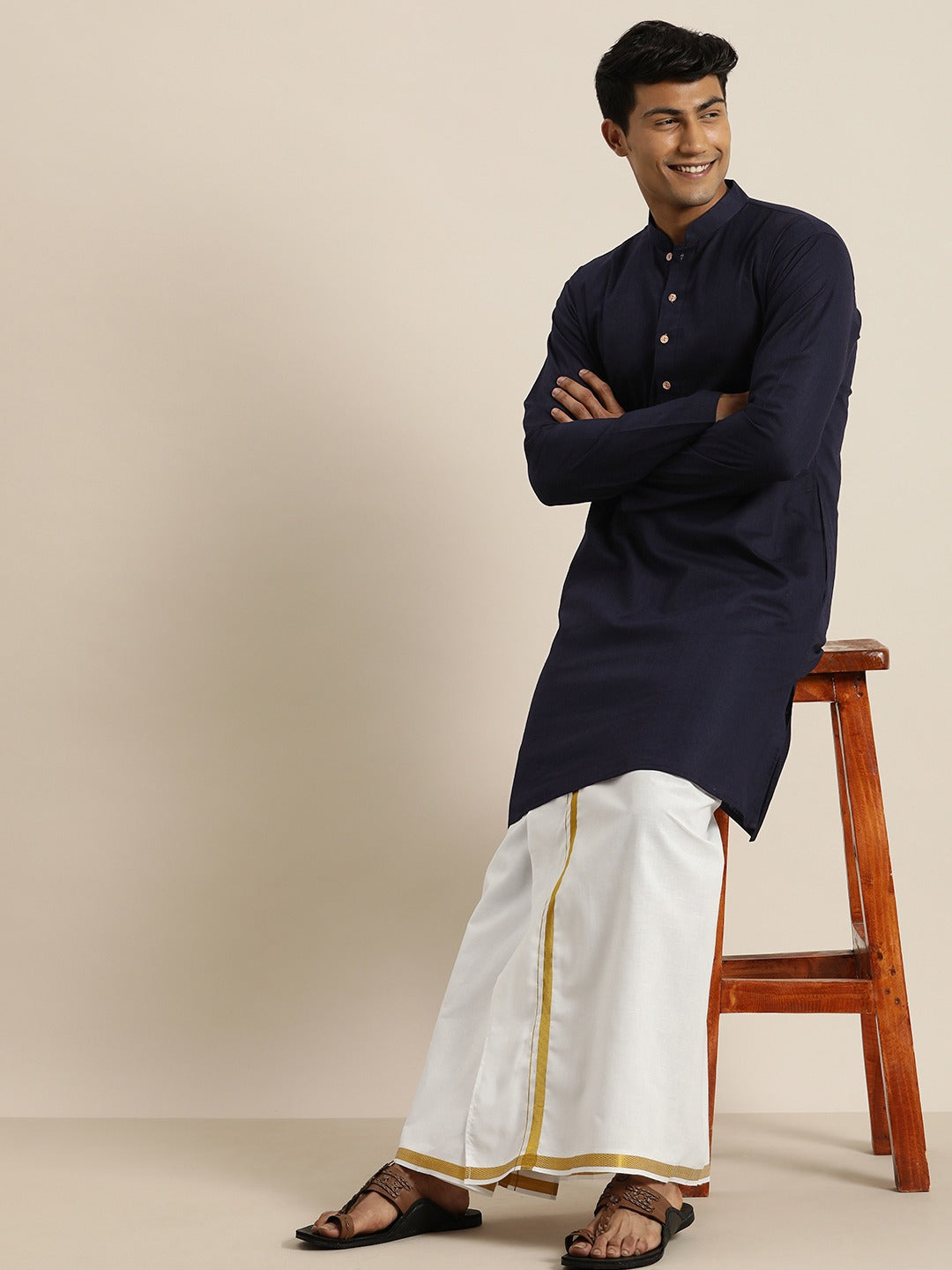 Sarvati Men's Navy Blue Cotton Kurta And Mundu Set