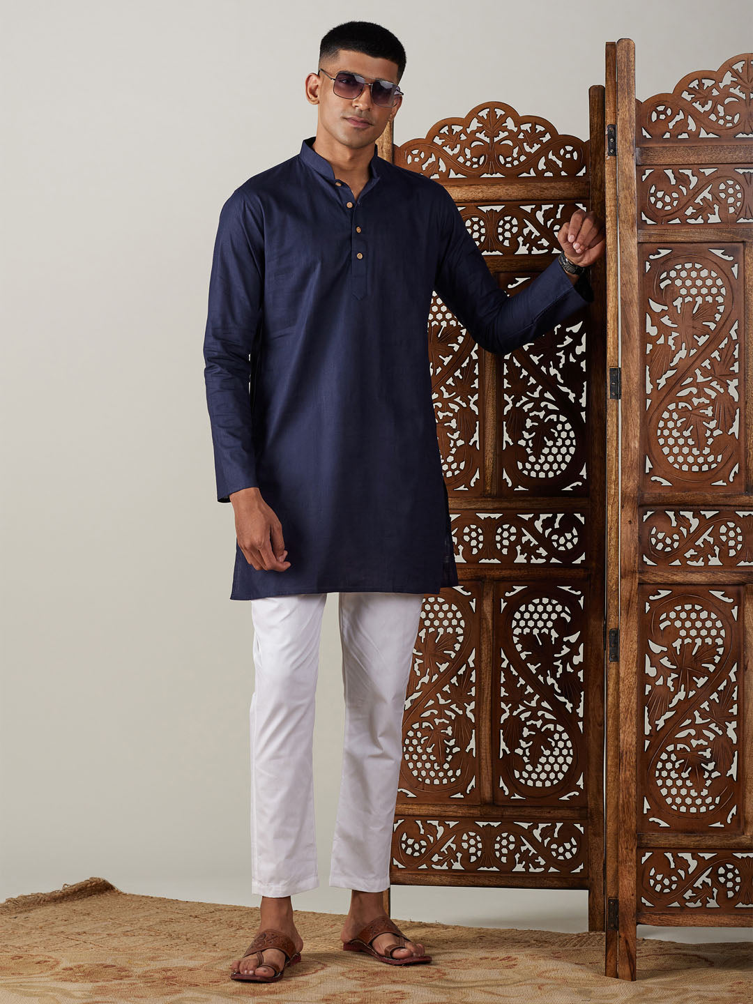 Sarvati Men's Navy Blue Cotton Kurta With White Pant Set