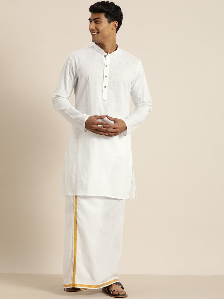 Sarvati Men's White Cotton Kurta And Mundu Set