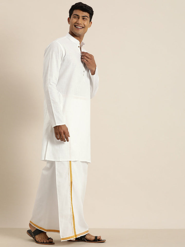 Sarvati Men's White Cotton Kurta And Mundu Set