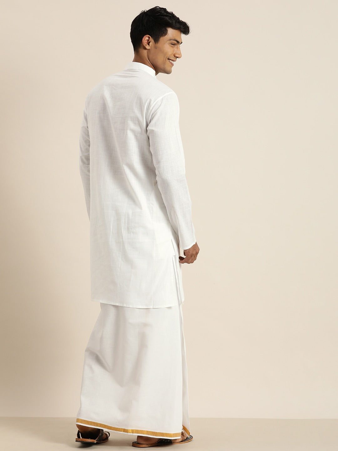 Sarvati Men's White Cotton Kurta And Mundu Set