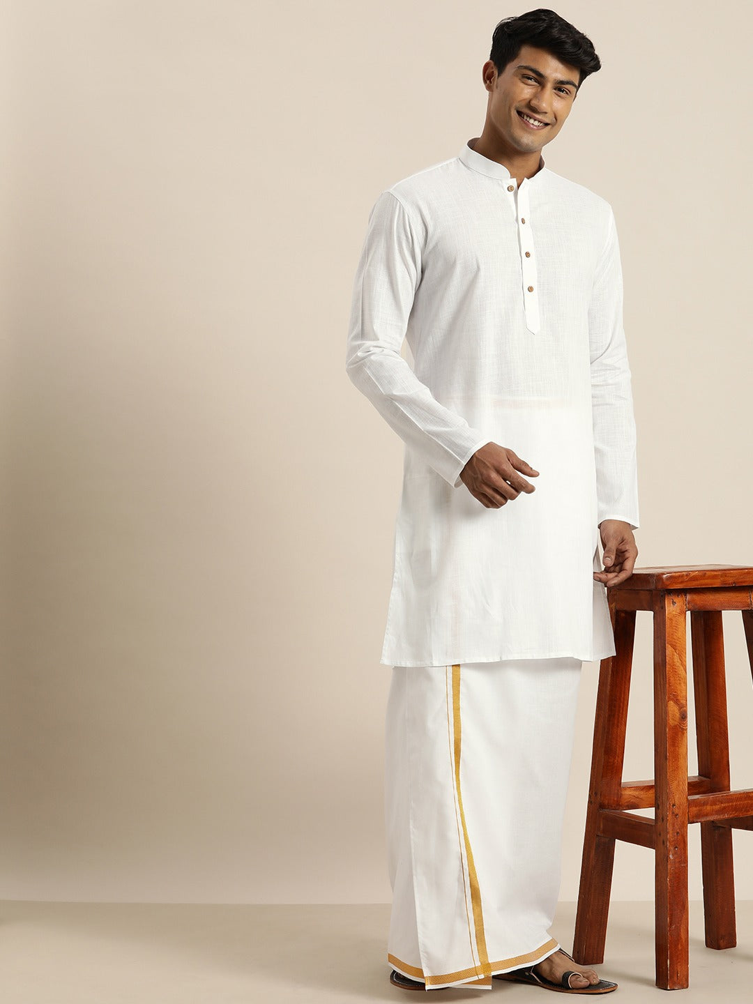 Sarvati Men's White Cotton Kurta And Mundu Set