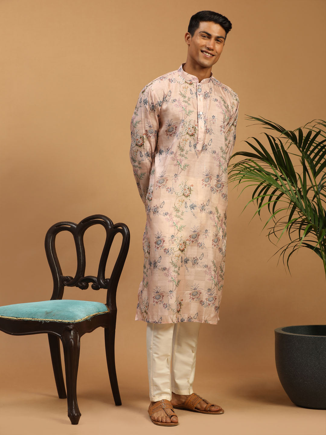 Sarvati Men's Pink Floral Printed Silk Blend Kurta With Cream Solid Viscose Pant Set