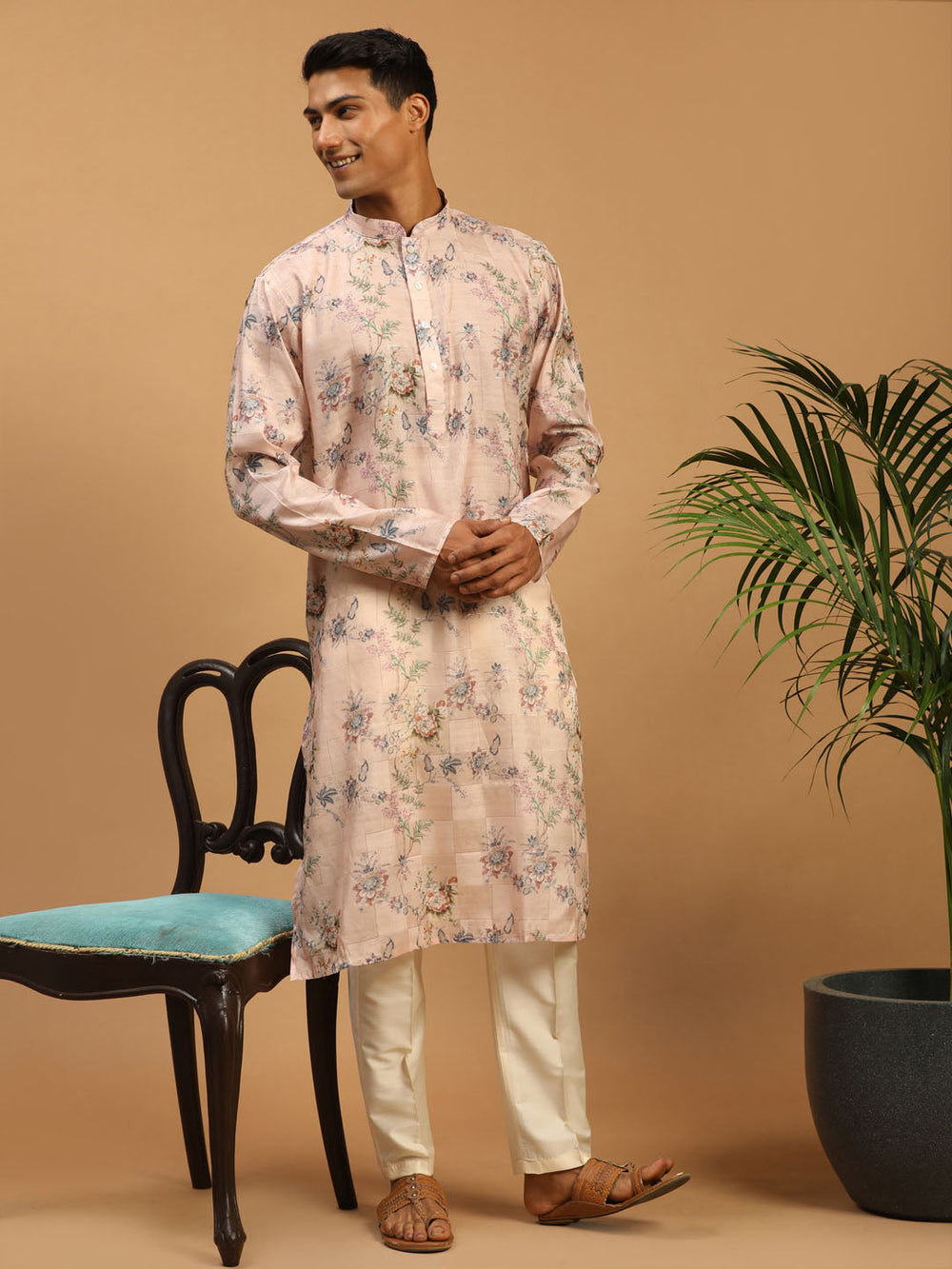Sarvati Men's Pink Floral Printed Silk Blend Kurta With Cream Solid Viscose Pant Set