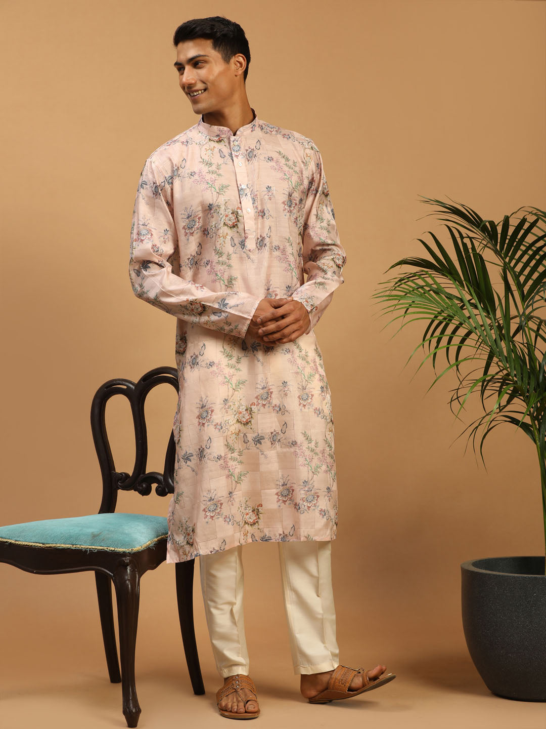 Sarvati Men's Pink Floral Printed Silk Blend Kurta With Cream Solid Viscose Pant Set