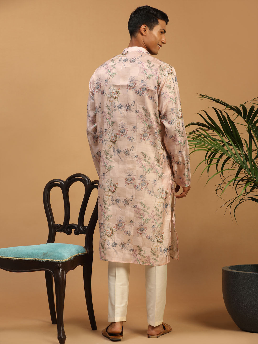 Sarvati Men's Pink Floral Printed Silk Blend Kurta With Cream Solid Viscose Pant Set
