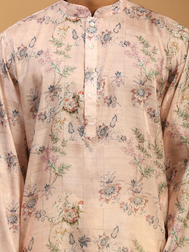 Sarvati Men's Pink Floral Printed Silk Blend Kurta With Cream Solid Viscose Pant Set