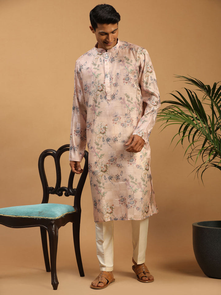 Sarvati Men's Pink Floral Printed Silk Blend Kurta With Cream Solid Viscose Pant Set