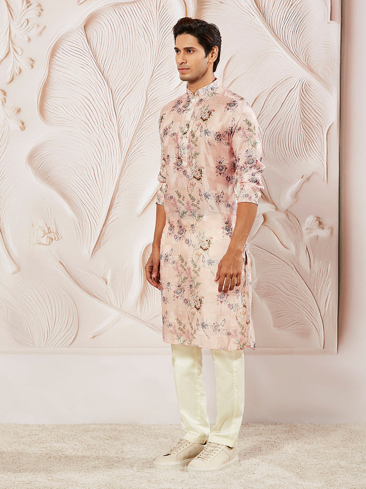 Men's Multicolor-Base-Peach Cotton Blend Kurta And Pyjama Set