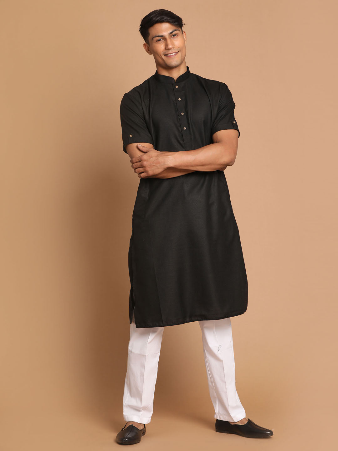 Sarvati Men's Black Solid Kurta with White  Pyjamas