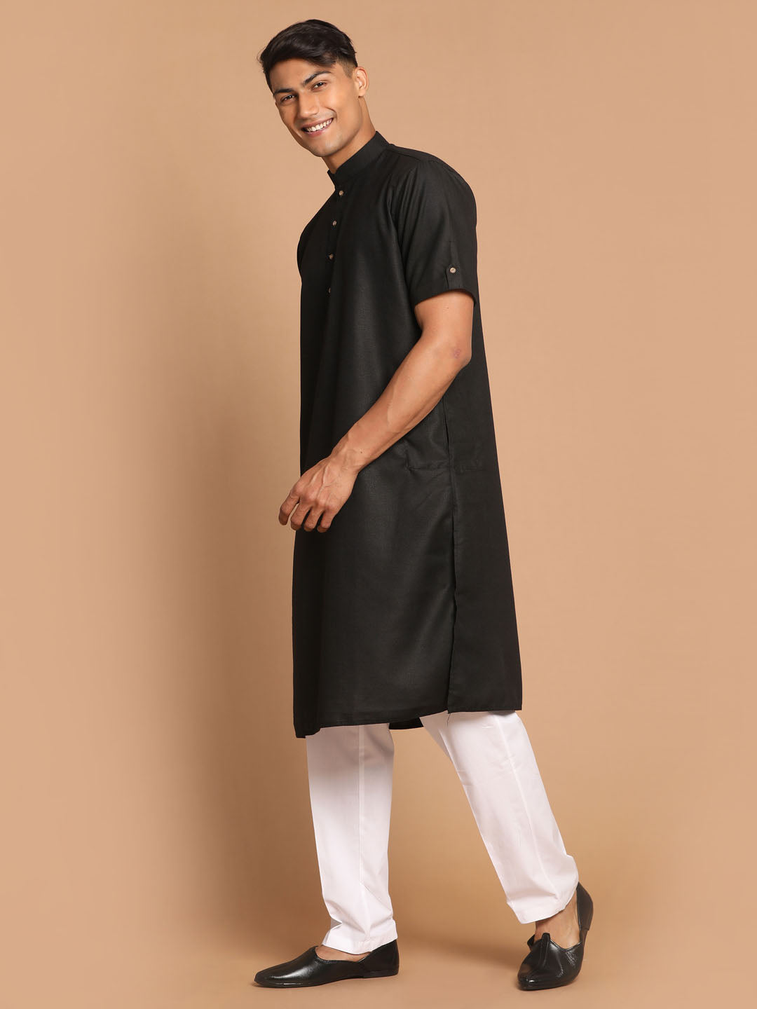 Sarvati Men's Black Solid Kurta with White  Pyjamas