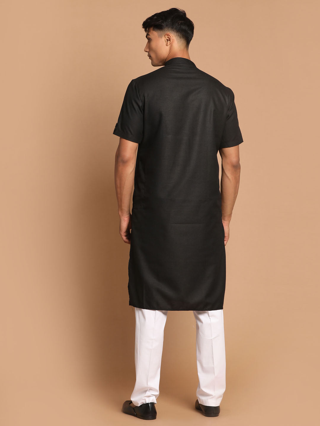 Sarvati Men's Black Solid Kurta with White  Pyjamas