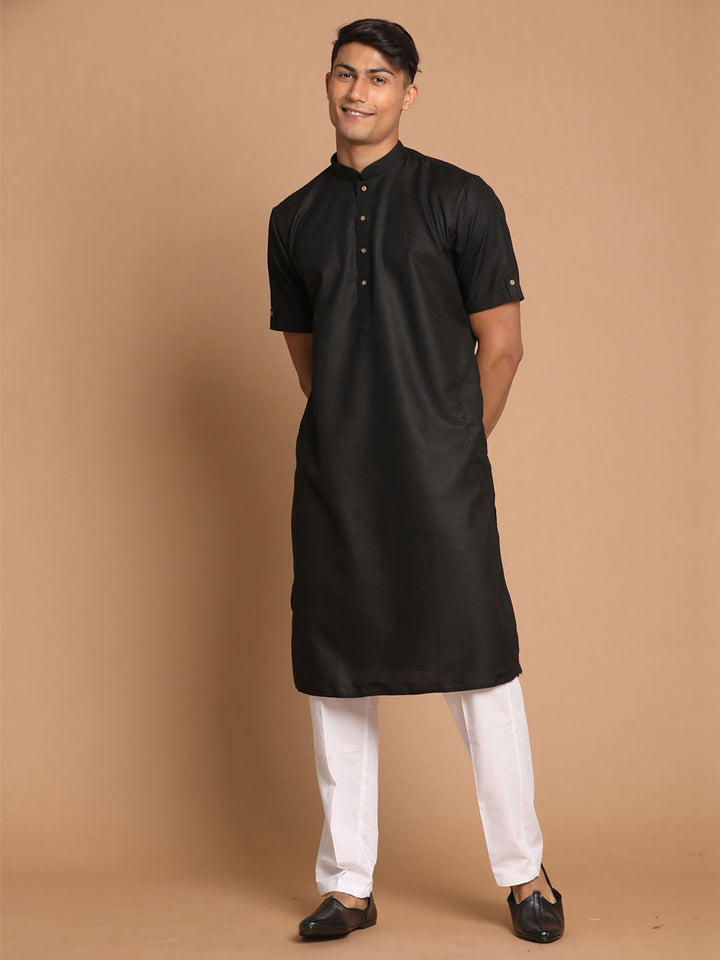 Sarvati Men's Black Solid Kurta with White  Pyjamas