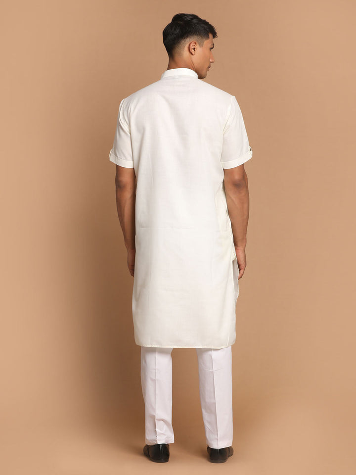 Sarvati Men's Cream Solid Kurta with White Pant style Cotton Pyjama Set